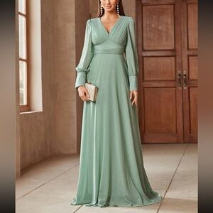 Luxe V neck long sleeve party formal evening gown dress